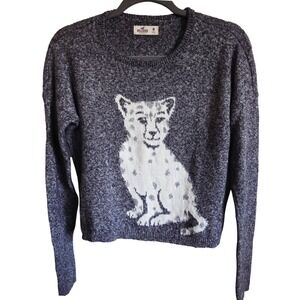 Hollister Sweater M Gray Speckled Knit Leopard Print Crew Neck Pullover Medium‎